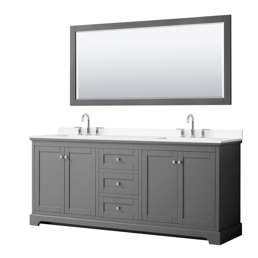 Wyndham Collection Avery 80" Double Bathroom Vanity in Dark Gray, White Cultured Marble Countertop, Undermount Square Sinks (3-Hole), Polished Chrome Trim and 70" Mirror