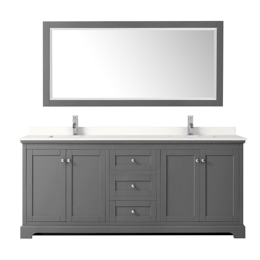 Wyndham Collection Avery 80" Double Bathroom Vanity in Dark Gray, White Quartz Countertop, Undermount Square Sinks (1-Hole), Polished Chrome Trim and 70" Mirror