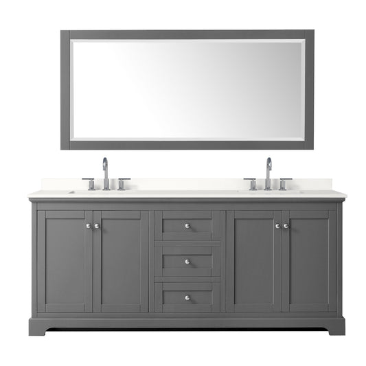 Wyndham Collection Avery 80" Double Bathroom Vanity in Dark Gray, White Quartz Countertop, Undermount Square Sinks (3-Hole), Polished Chrome Trim and 70" Mirror