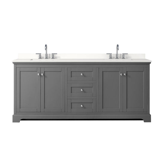 Wyndham Collection Avery 80" Double Bathroom Vanity in Dark Gray, White Quartz Countertop, Undermount Square Sinks (3-Hole), Polished Chrome Trim