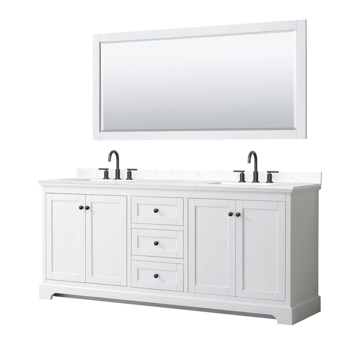 Wyndham Collection Avery 80" Double Bathroom Vanity in White, Carrara Cultured Marble Countertop, Undermount Square Sinks (3-Hole), Matte Black Trim and 70" Mirror