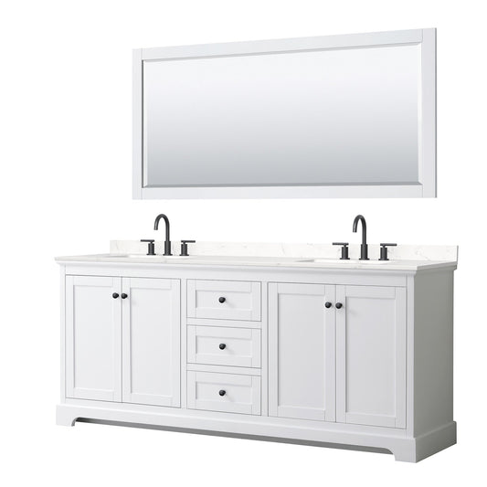 Wyndham Collection Avery 80" Double Bathroom Vanity in White, Carrara Cultured Marble Countertop, Undermount Square Sinks (3-Hole), Matte Black Trim and 70" Mirror