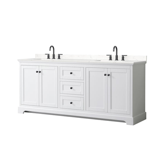Wyndham Collection Avery 80" Double Bathroom Vanity in White, Carrara Cultured Marble Countertop, Undermount Square Sinks (3-Hole), Matte Black Trim