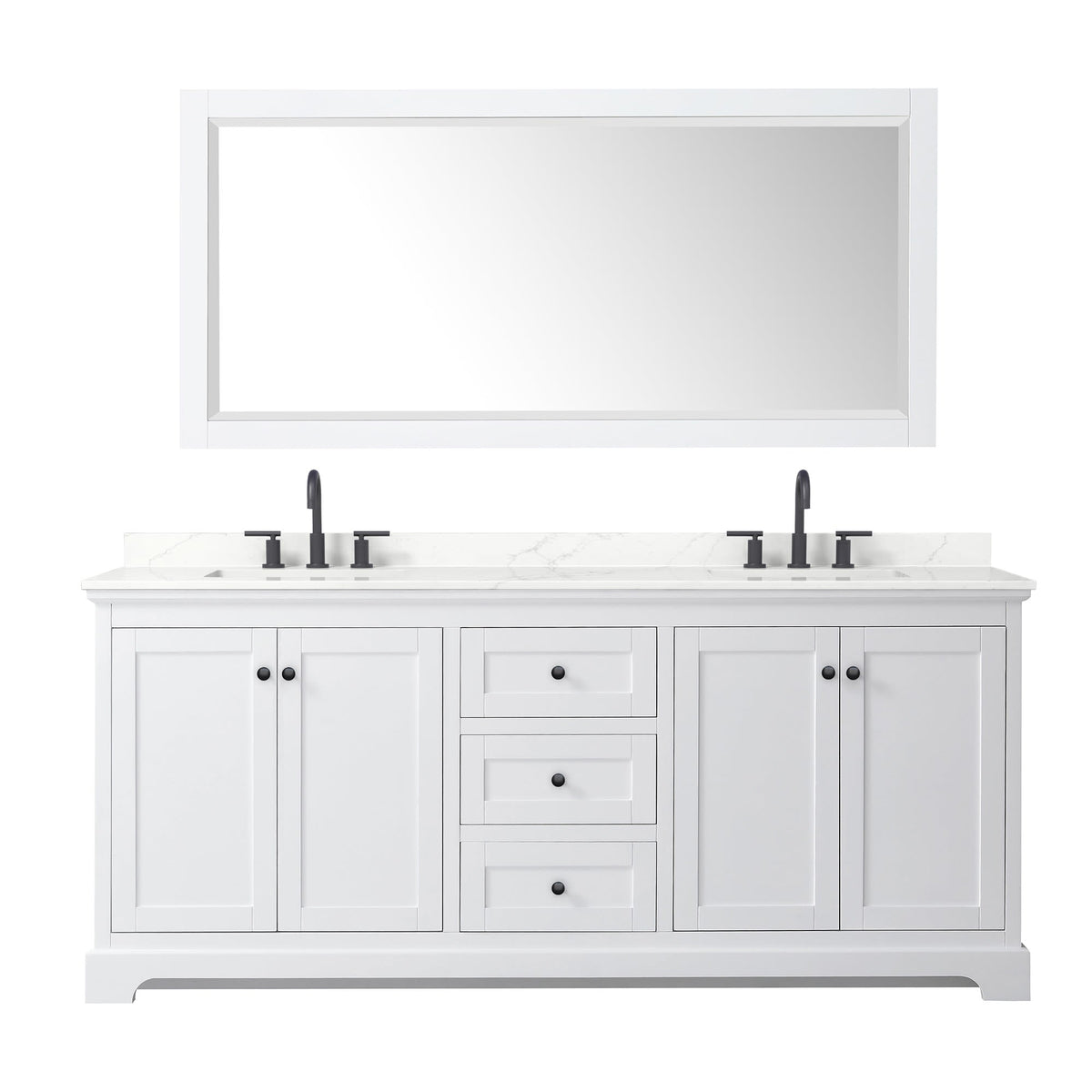 Wyndham Collection Avery 80" Double Bathroom Vanity in White, Giotto Quartz Countertop, Undermount Square Sinks (3-Hole), Matte Black Trim and 70" Mirror