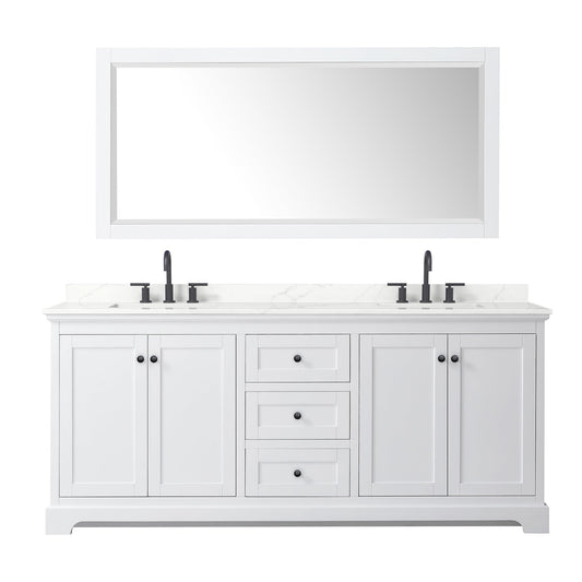 Wyndham Collection Avery 80" Double Bathroom Vanity in White, Giotto Quartz Countertop, Undermount Square Sinks (3-Hole), Matte Black Trim and 70" Mirror