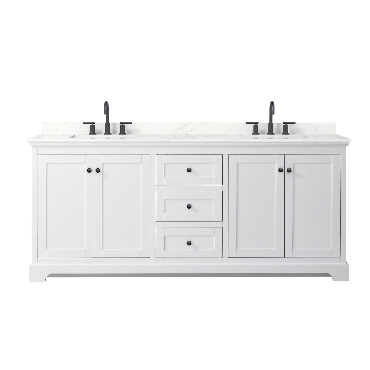 Wyndham Collection Avery 80" Double Bathroom Vanity in White, Giotto Quartz Countertop, Undermount Square Sinks (3-Hole), Matte Black Trim