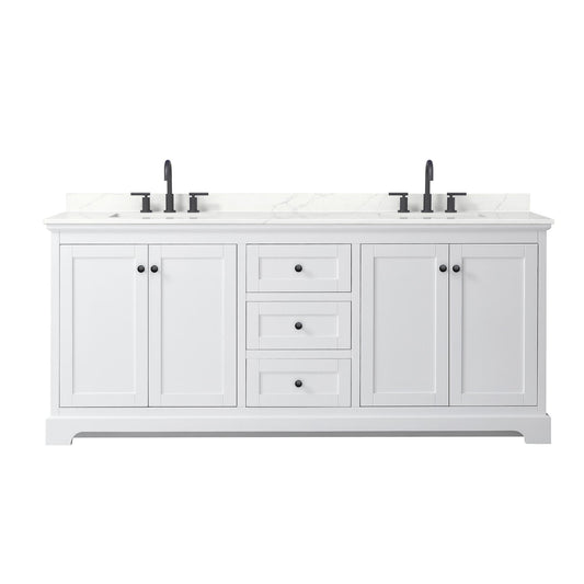 Wyndham Collection Avery 80" Double Bathroom Vanity in White, Giotto Quartz Countertop, Undermount Square Sinks (3-Hole), Matte Black Trim