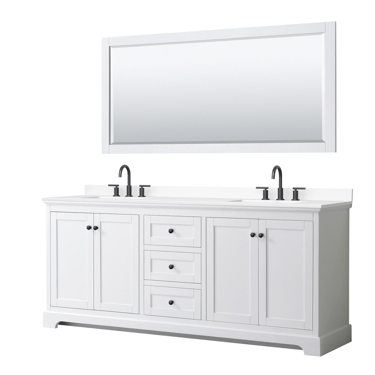 Wyndham Collection Avery 80" Double Bathroom Vanity in White, White Cultured Marble Countertop, Undermount Square Sinks (3-Hole), Matte Black Trim and 70" Mirror