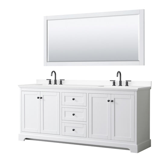 Wyndham Collection Avery 80" Double Bathroom Vanity in White, White Cultured Marble Countertop, Undermount Square Sinks (3-Hole), Matte Black Trim and 70" Mirror