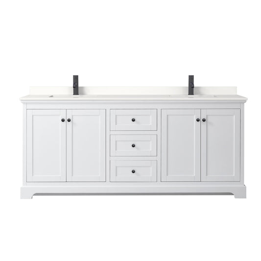 Wyndham Collection Avery 80" Double Bathroom Vanity in White, White Quartz Countertop, Undermount Square Sinks (1-Hole), Matte Black Trim