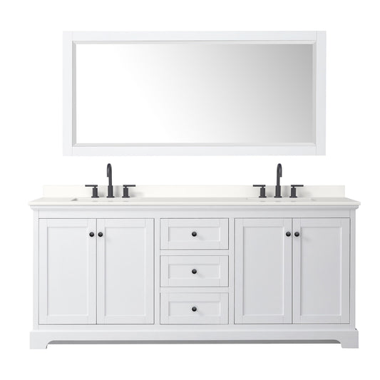 Wyndham Collection Avery 80" Double Bathroom Vanity in White, White Quartz Countertop, Undermount Square Sinks (3-Hole), Matte Black Trim and 70" Mirror