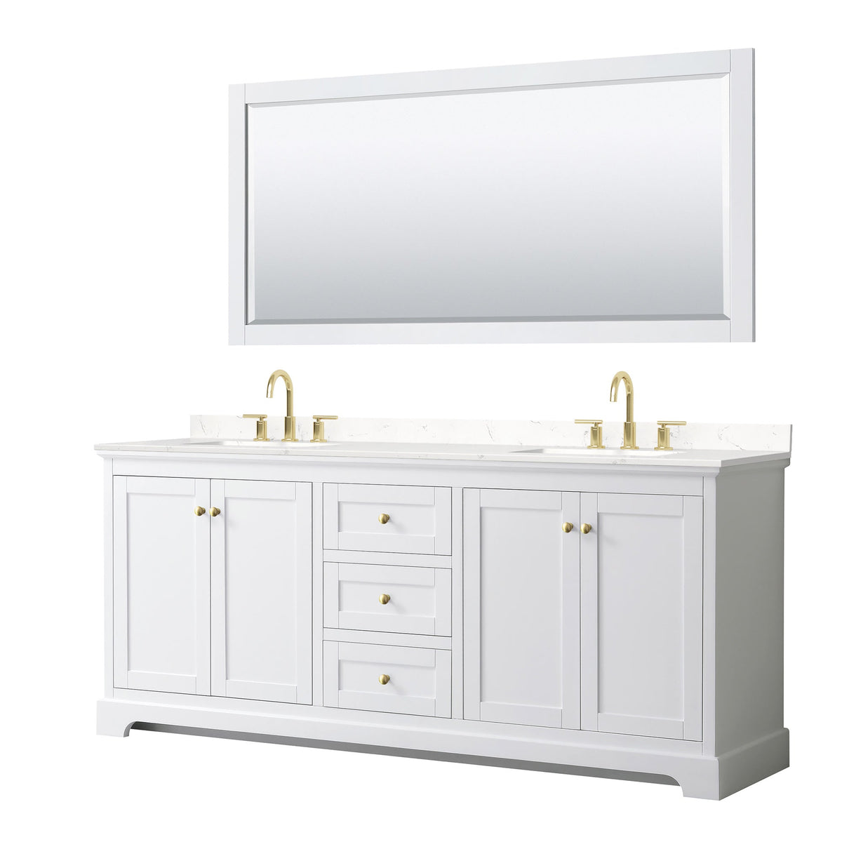 Wyndham Collection Avery 80" Double Bathroom Vanity in White, Carrara Cultured Marble Countertop, Undermount Square Sinks (3-Hole), 70" Mirror, Brushed Gold Trim