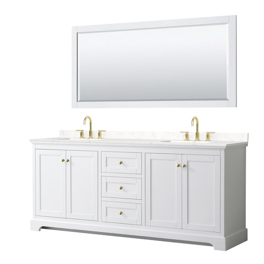 Wyndham Collection Avery 80" Double Bathroom Vanity in White, Carrara Cultured Marble Countertop, Undermount Square Sinks (3-Hole), 70" Mirror, Brushed Gold Trim