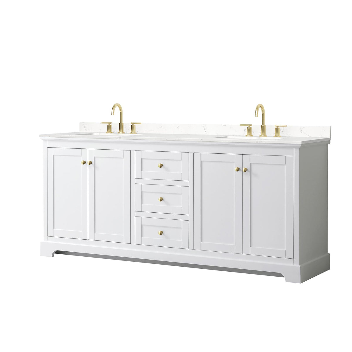 Wyndham Collection Avery 80" Double Bathroom Vanity in White, Carrara Cultured Marble Countertop, Undermount Square Sinks (3-Hole), Brushed Gold Trim
