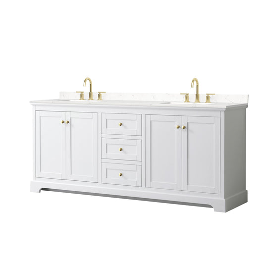 Wyndham Collection Avery 80" Double Bathroom Vanity in White, Carrara Cultured Marble Countertop, Undermount Square Sinks (3-Hole), Brushed Gold Trim