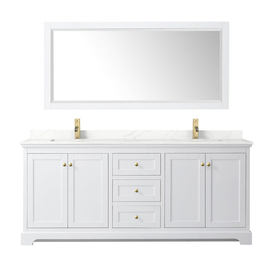 Wyndham Collection Avery 80" Double Bathroom Vanity in White, Giotto Quartz Countertop, Undermount Square Sinks (1-Hole), Brushed Gold Trim and 70" Mirror