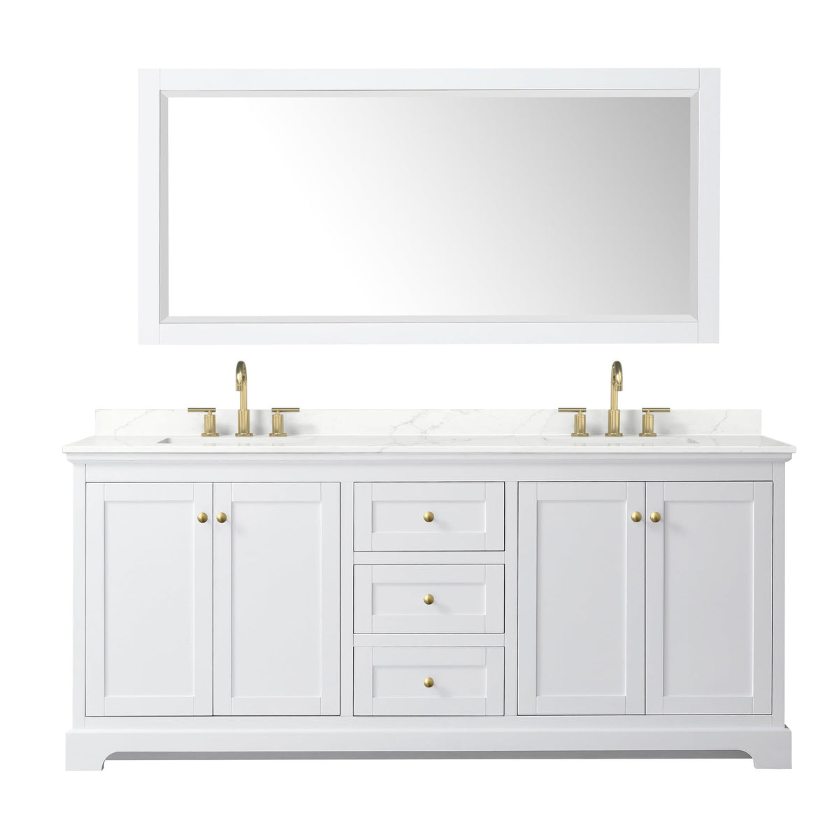 Wyndham Collection Avery 80" Double Bathroom Vanity in White, Giotto Quartz Countertop, Undermount Square Sinks (3-Hole), Brushed Gold Trim and 70" Mirror