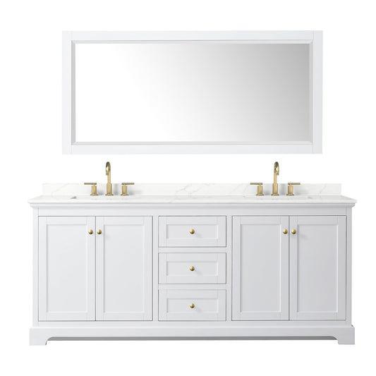 Wyndham Collection Avery 80" Double Bathroom Vanity in White, Giotto Quartz Countertop, Undermount Square Sinks (3-Hole), Brushed Gold Trim and 70" Mirror