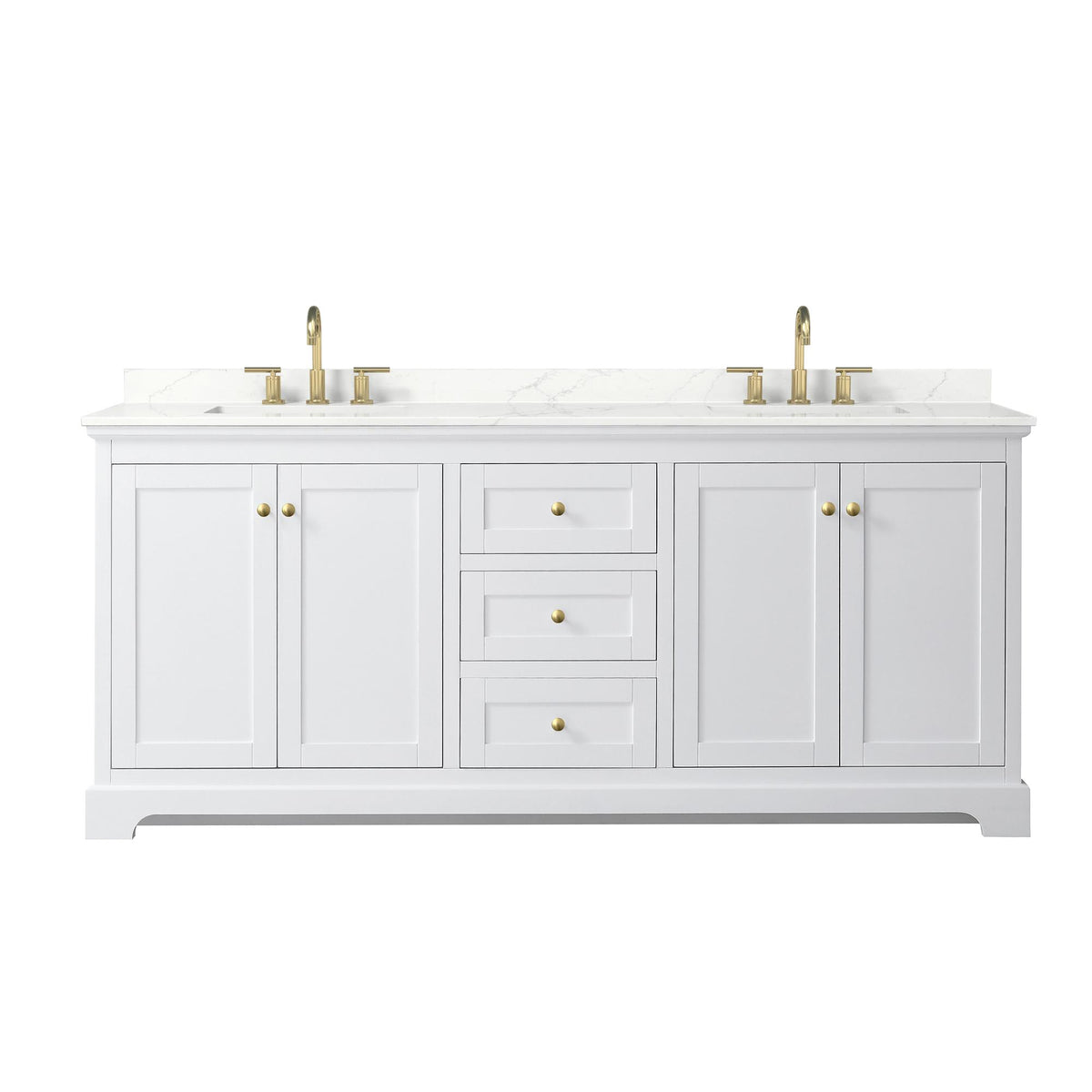 Wyndham Collection Avery 80" Double Bathroom Vanity in White, Giotto Quartz Countertop, Undermount Square Sinks (3-Hole), Brushed Gold Trim