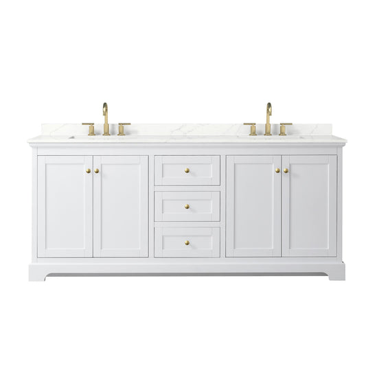 Wyndham Collection Avery 80" Double Bathroom Vanity in White, Giotto Quartz Countertop, Undermount Square Sinks (3-Hole), Brushed Gold Trim