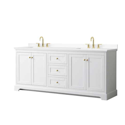 Wyndham Collection Avery 80" Double Bathroom Vanity in White, White Cultured Marble Countertop, Undermount Square Sinks (3-Hole), Brushed Gold Trim