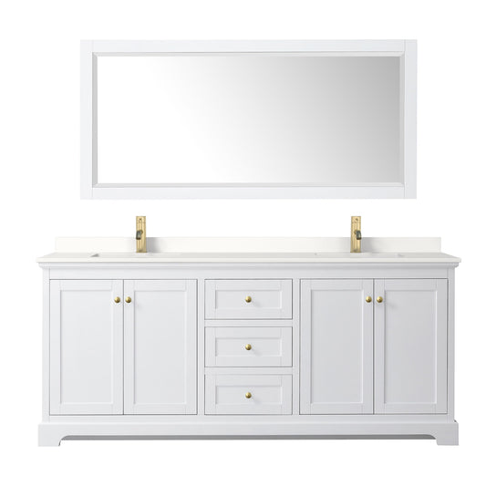 Wyndham Collection Avery 80" Double Bathroom Vanity in White, White Quartz Countertop, Undermount Square Sinks (1-Hole), Brushed Gold Trim and 70" Mirror