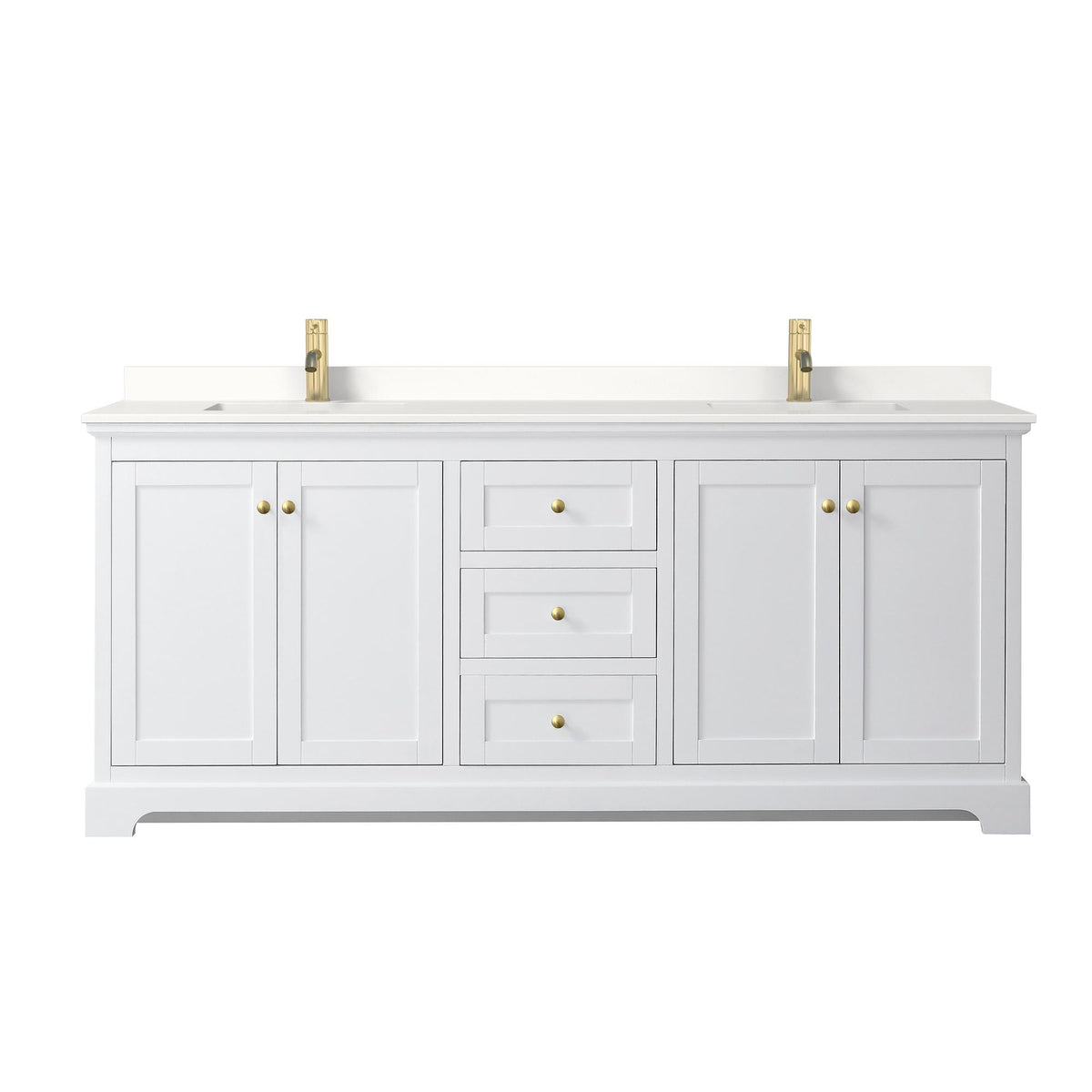 Wyndham Collection Avery 80" Double Bathroom Vanity in White, White Quartz Countertop, Undermount Square Sinks (1-Hole), Brushed Gold Trim