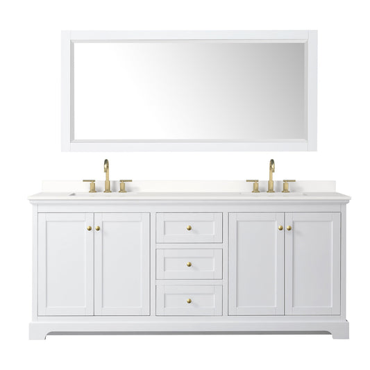 Wyndham Collection Avery 80" Double Bathroom Vanity in White, White Quartz Countertop, Undermount Square Sinks (3-Hole), Brushed Gold Trim and 70" Mirror