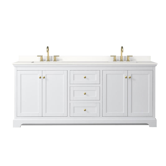 Wyndham Collection Avery 80" Double Bathroom Vanity in White, White Quartz Countertop, Undermount Square Sinks (3-Hole), Brushed Gold Trim