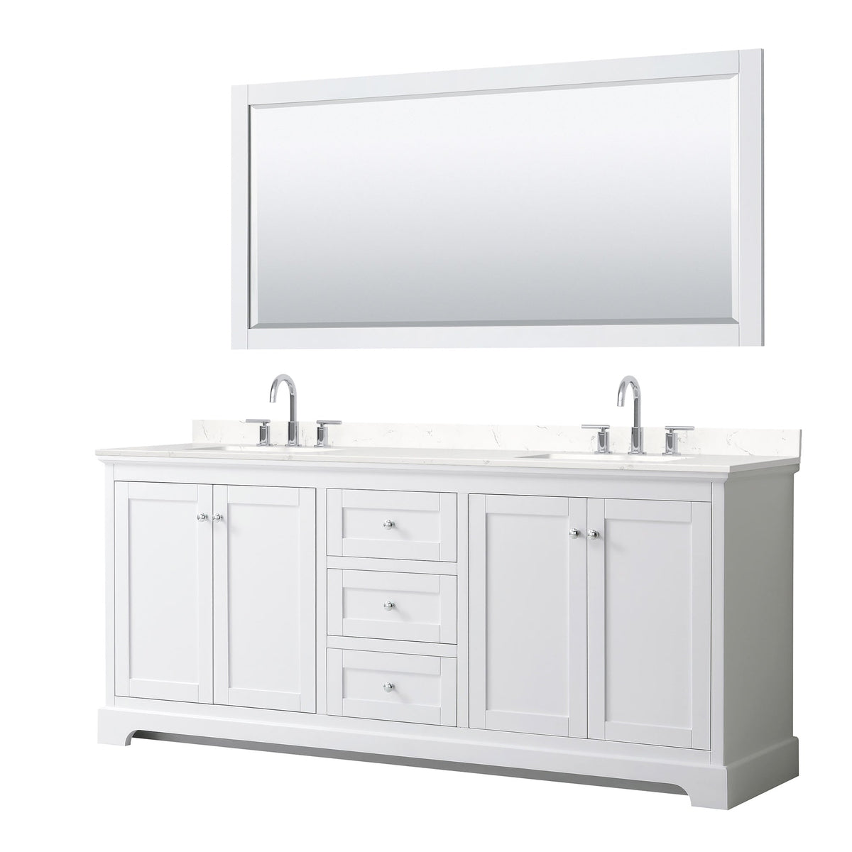 Wyndham Collection Avery 80" Double Bathroom Vanity in White, Carrara Cultured Marble Countertop, Undermount Square Sinks (3-Hole), Polished Chrome Trim and 70" Mirror