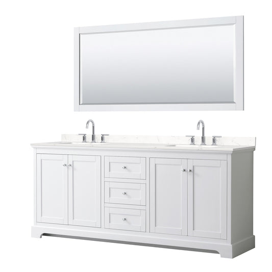 Wyndham Collection Avery 80" Double Bathroom Vanity in White, Carrara Cultured Marble Countertop, Undermount Square Sinks (3-Hole), Polished Chrome Trim and 70" Mirror