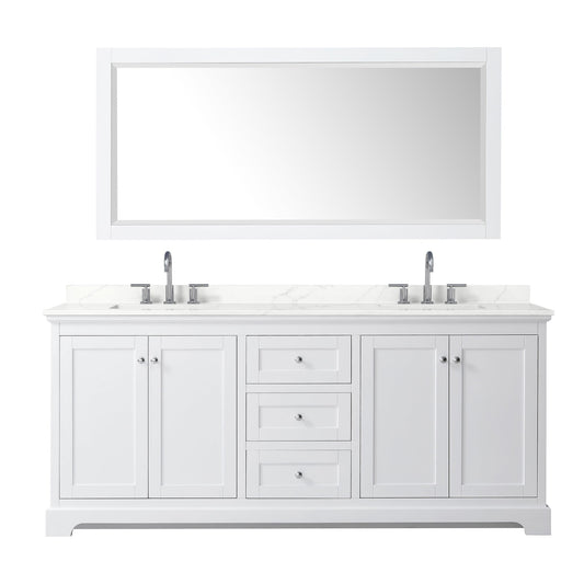 Wyndham Collection Avery 80" Double Bathroom Vanity in White, Giotto Quartz Countertop, Undermount Square Sinks (3-Hole), Polished Chrome Trim and 70" Mirror