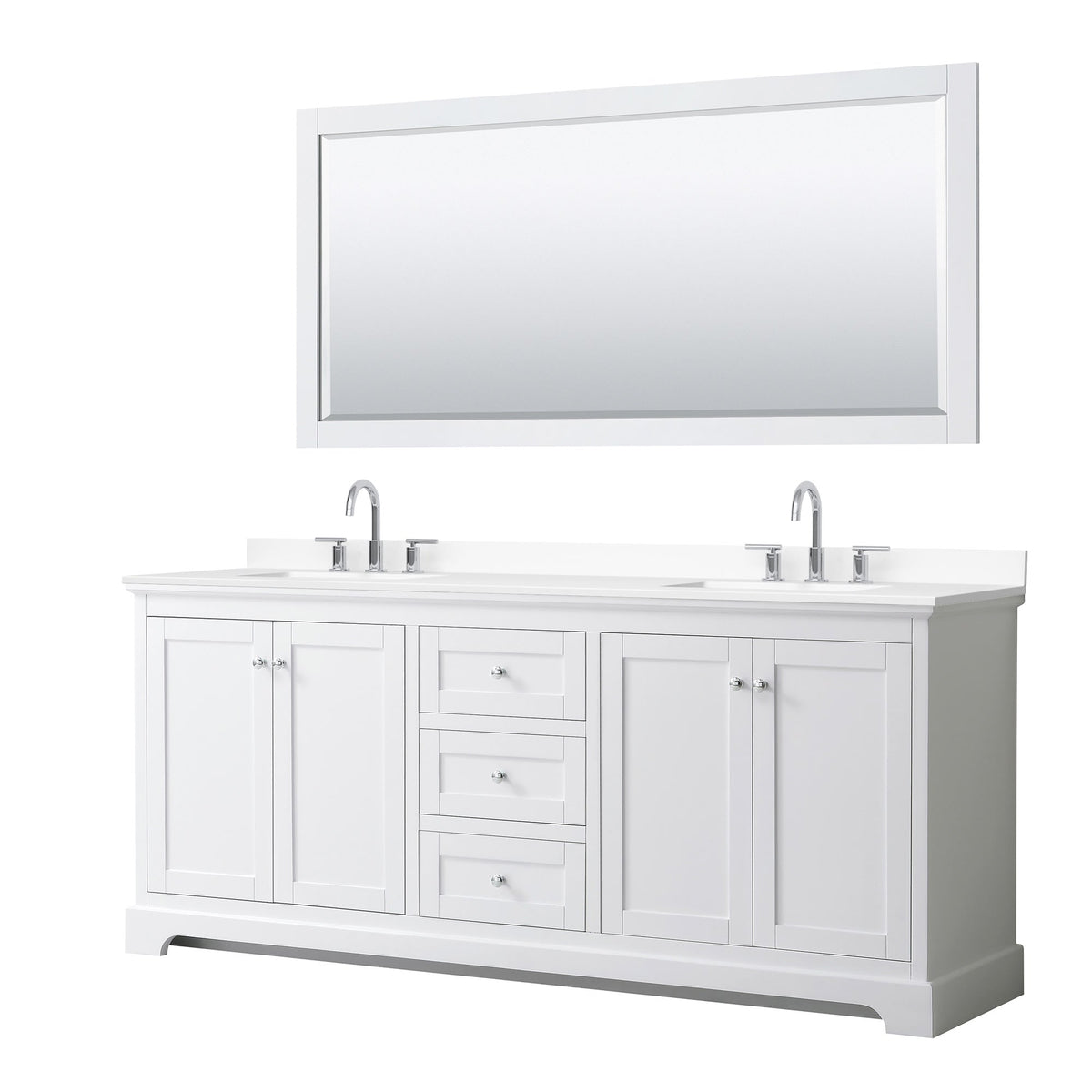 Wyndham Collection Avery 80" Double Bathroom Vanity in White, White Cultured Marble Countertop, Undermount Square Sinks (3-Hole), Polished Chrome Trim and 70" Mirror
