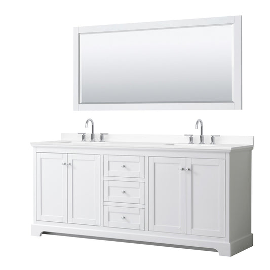 Wyndham Collection Avery 80" Double Bathroom Vanity in White, White Cultured Marble Countertop, Undermount Square Sinks (3-Hole), Polished Chrome Trim and 70" Mirror