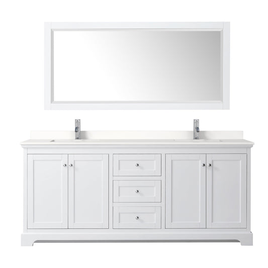 Wyndham Collection Avery 80" Double Bathroom Vanity in White, White Quartz Countertop, Undermount Square Sinks (1-Hole), Polished Chrome Trim and 70" Mirror