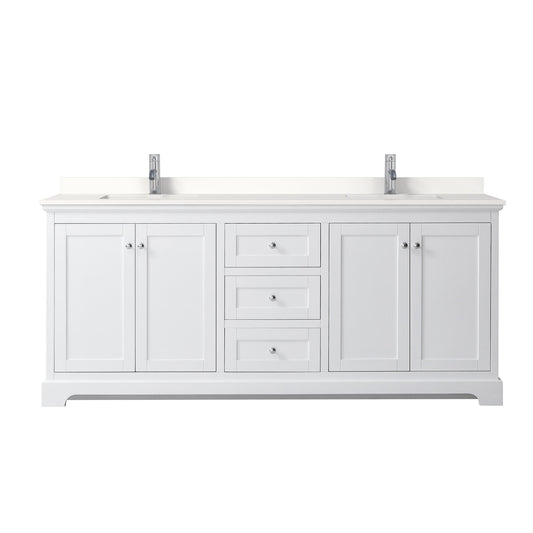 Wyndham Collection Avery 80" Double Bathroom Vanity in White, White Quartz Countertop, Undermount Square Sinks (1-Hole), Polished Chrome Trim