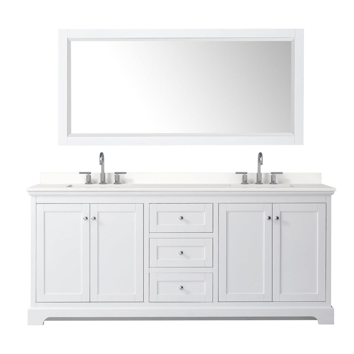 Wyndham Collection Avery 80" Double Bathroom Vanity in White, White Quartz Countertop, Undermount Square Sinks (3-Hole), Polished Chrome Trim and 70" Mirror
