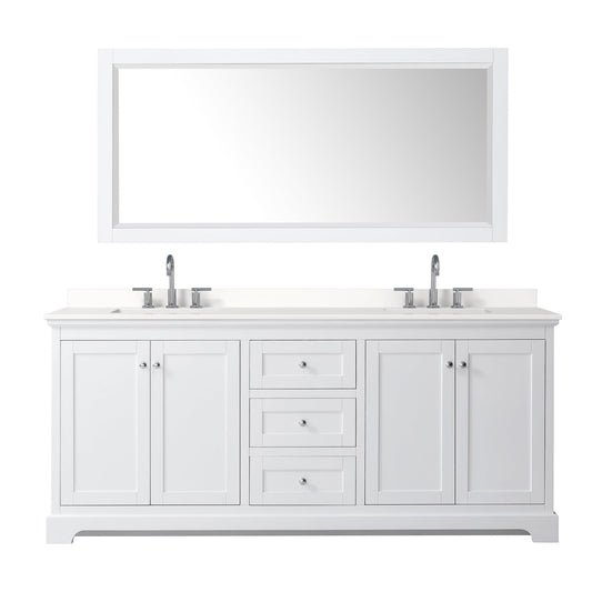 Wyndham Collection Avery 80" Double Bathroom Vanity in White, White Quartz Countertop, Undermount Square Sinks (3-Hole), Polished Chrome Trim and 70" Mirror