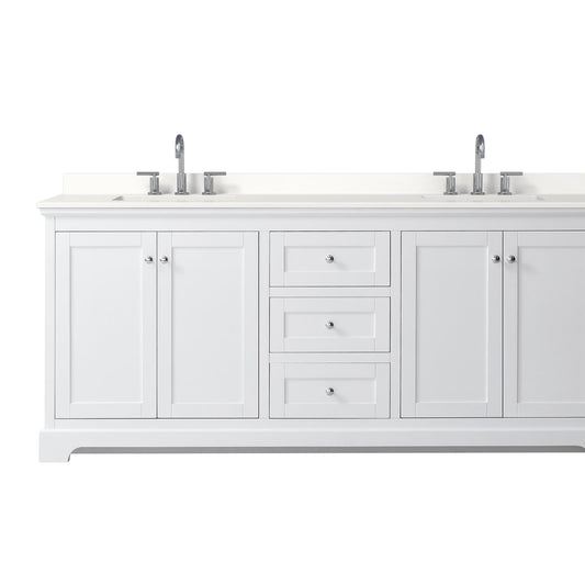 Wyndham Collection Avery 80" Double Bathroom Vanity in White, White Quartz Countertop, Undermount Square Sinks (3-Hole), Polished Chrome Trim