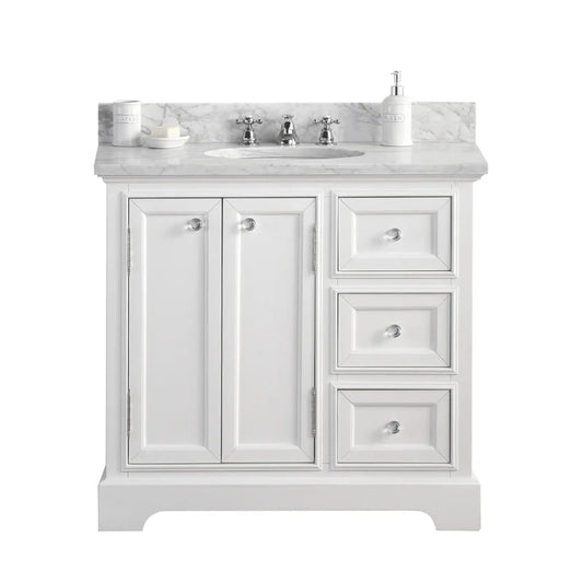 Water Creation 36 Inch Wide Cashmere Grey Single Sink Carrara Marble Bathroom Vanity With Faucets From The Derby Collection