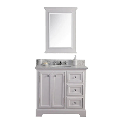 Water Creation 36 Inch Wide Cashmere Grey Single Sink Carrara Marble Bathroom Vanity With Matching Mirror And Faucet(s) From The Derby Collection