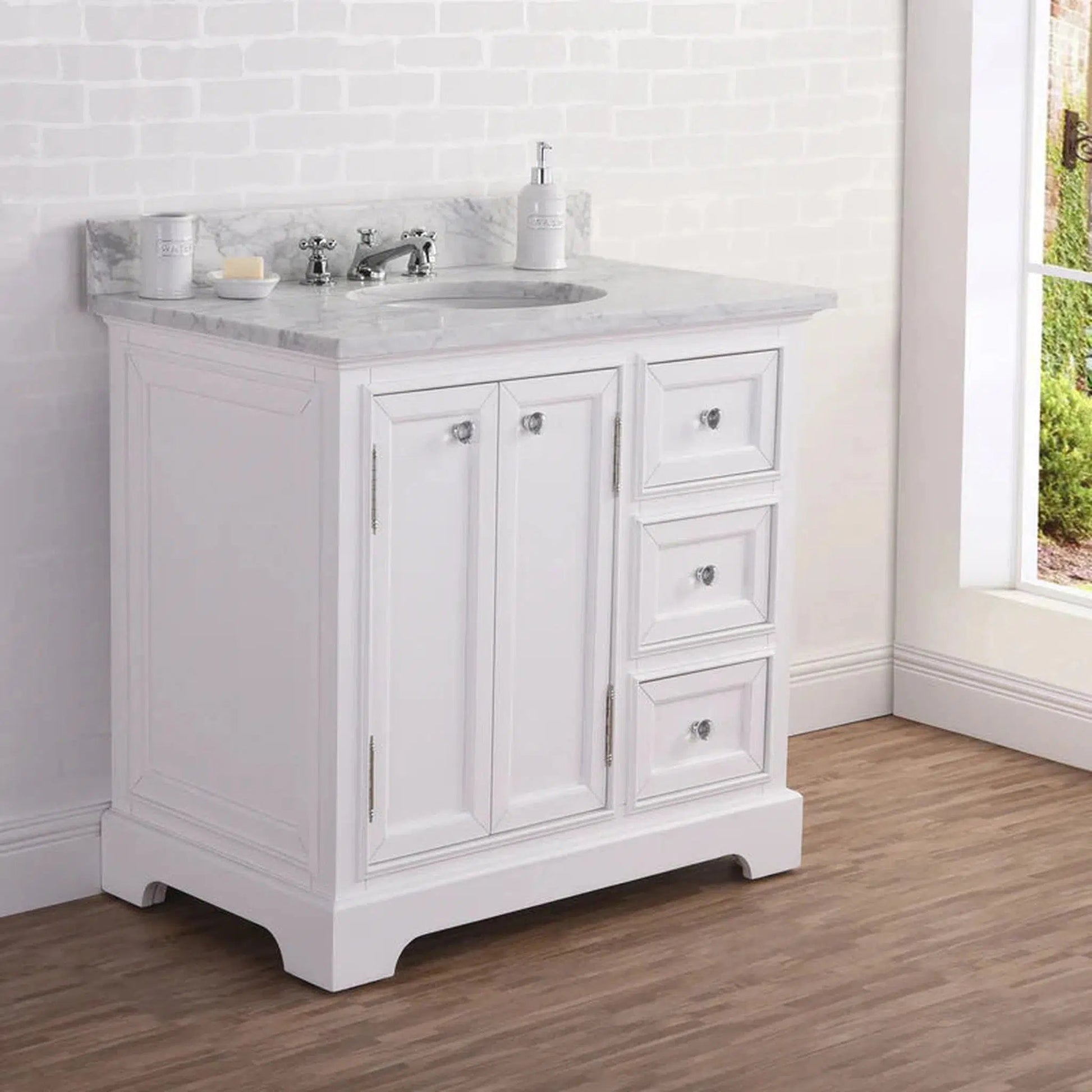 Water Creation 36 Inch Wide Cashmere Grey Single Sink Carrara Marble Bathroom Vanity With Matching Mirror And Faucet(s) From The Derby Collection