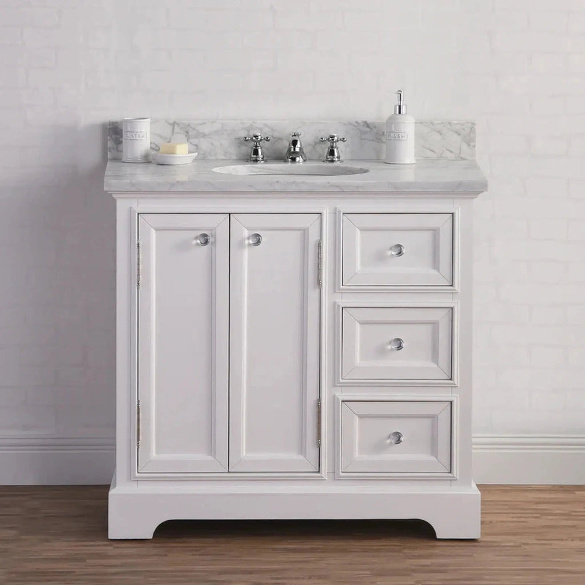 Water Creation 36 Inch Wide Pure White Single Sink Carrara Marble Bathroom Vanity With Matching Mirror And Faucet(s) From The Derby Collection