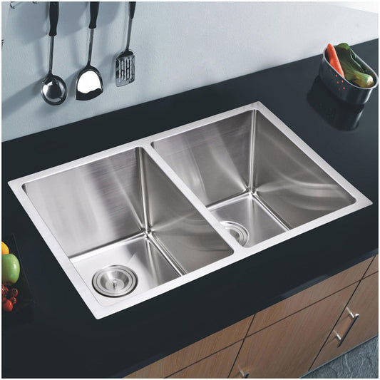 Water Creation 50/50 Double Bowl Stainless Steel Hand Made Undermount 31 Inch X 18 Inch Sink With Coved Corners, Drains, Strainers, And Bottom Grids