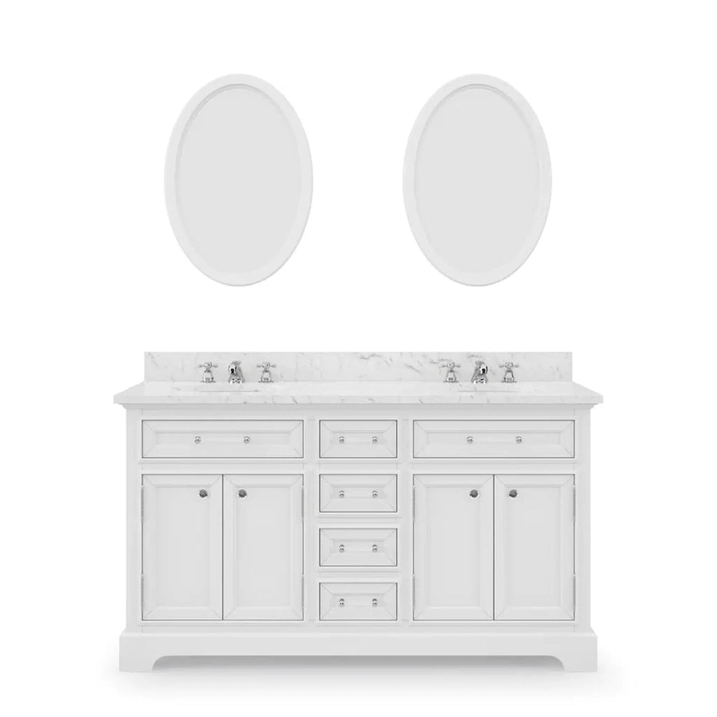 Water Creation 60 Inch Pure White Double Sink Bathroom Vanity With Matching Framed Mirrors And Faucets From The Derby Collection