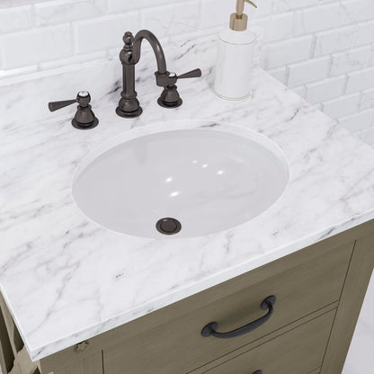 Water Creation Aberdeen 30" Grizzle Grey Single Sink Bathroom Vanity With Faucet With Carrara White Marble Counter Top