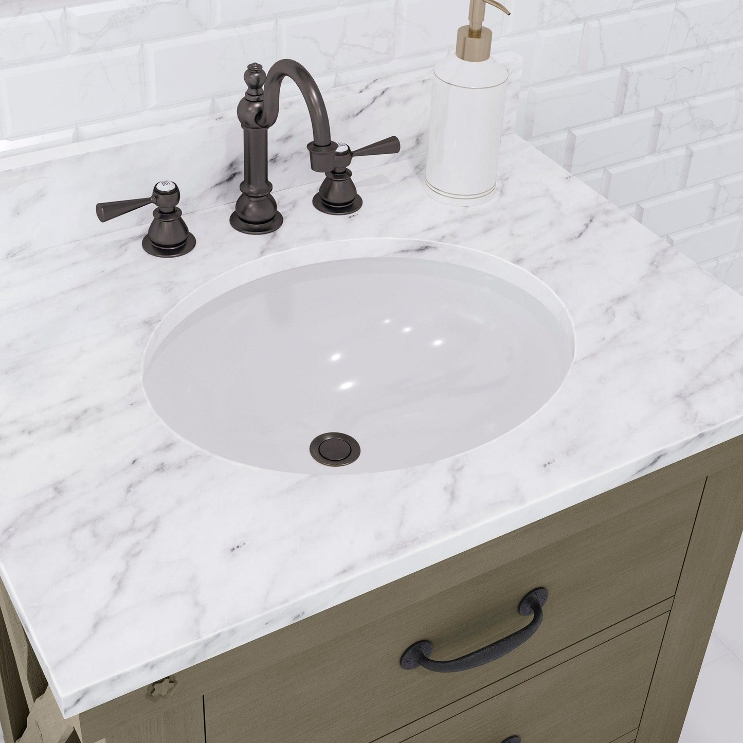 Water Creation Aberdeen 30" Grizzle Grey Single Sink Bathroom Vanity With Mirror And Faucet With Carrara White Marble Counter Top