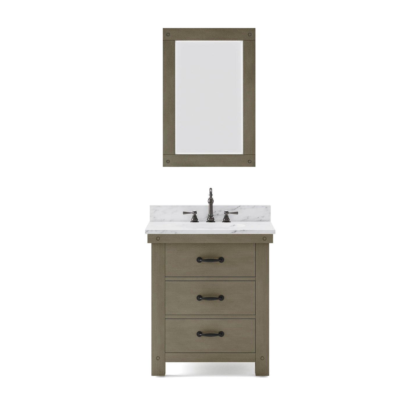 Water Creation Aberdeen 30" Grizzle Grey Single Sink Bathroom Vanity With Mirror And Faucet With Carrara White Marble Counter Top