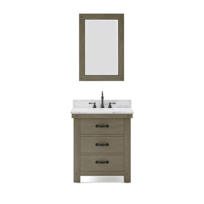 Water Creation Aberdeen 30" Grizzle Grey Single Sink Bathroom Vanity With Mirror With Carrara White Marble Counter Top