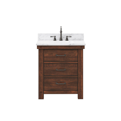 Water Creation Aberdeen 30" Single Sink Carrara White Marble Countertop Vanity in Rustic Sierra